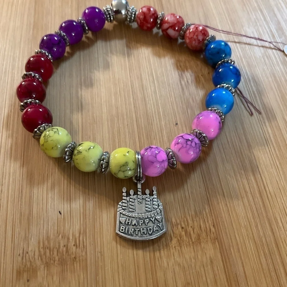 Hand Crafted Charm Bracelet Happy Birthday Pink Blue Yellow Red Amethyst Silver